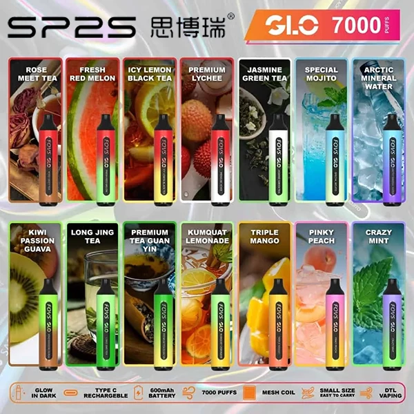 SP2S GLO 7000 Puffs 拋棄式電子煙｜7000口續航・可充電設計・15款口味